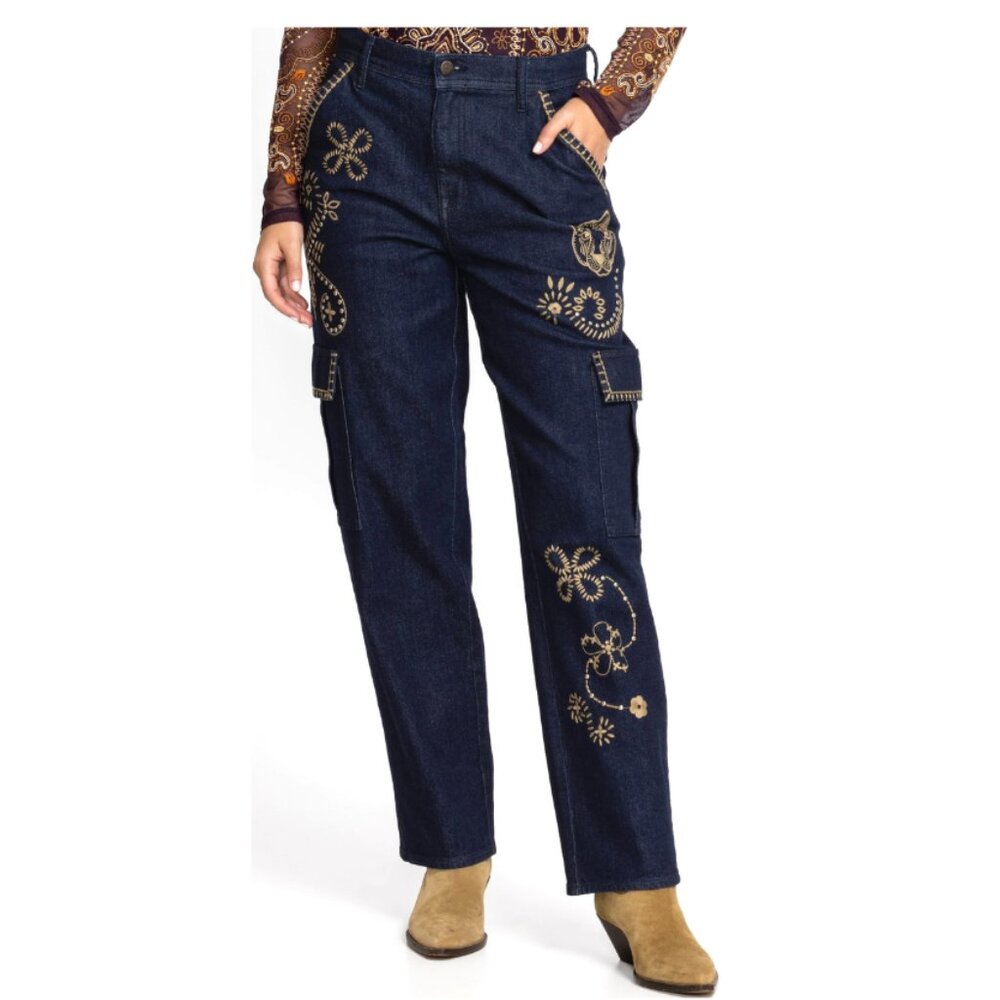 Johnny Was Embroidered Cargo Comfort Stretch Jeans Size-27 True Indigo